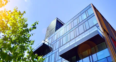 A building facade with sustainable features