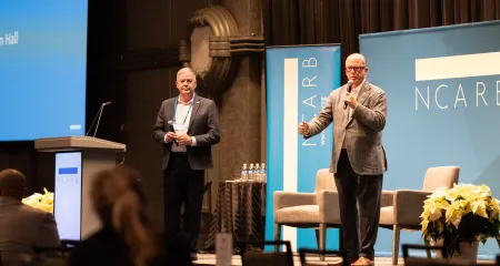 NCARB CEO Mike Armstrong and President Ken Van Tine speak during the 2024 Committee Summit. 
