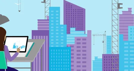 Graphic of architect drawing with buildings in background.