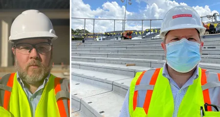 Josh Arcurio wears a construction hat at a project site. 