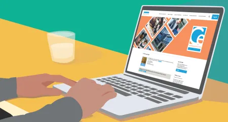 Graphic of architect sitting at a desk with NCARB's CE website displayed on a laptop
