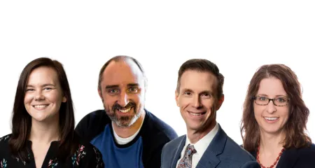 Side by side headshots of Khris Kirk, Evan Berger, Jared Zurn, and Michelle Cohn.