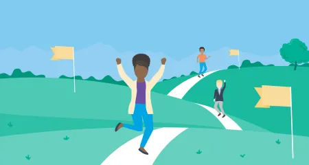 Graphic of people walking down a path and reaching the finish line.