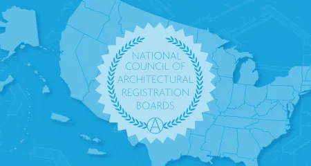 A map of NCARB's 55 licensing board jurisdictions with NCARB seal. 