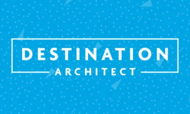 Text reads "Destination Architect" against a blue confetti background. 