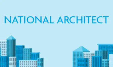 Illustrations of blue buildings against a lighter blue background with text reading "National Architect."