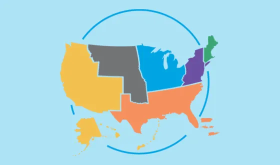 Map of the United States divided into six regions.