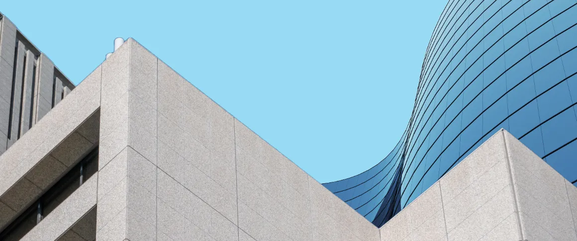 The outer facades of two modern buildings