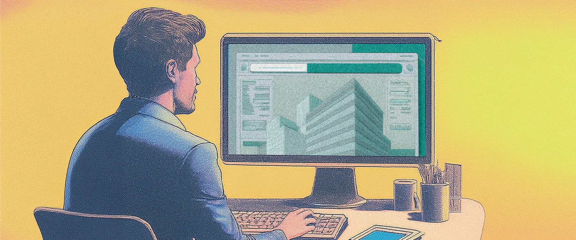 A man uses software to model a building. 