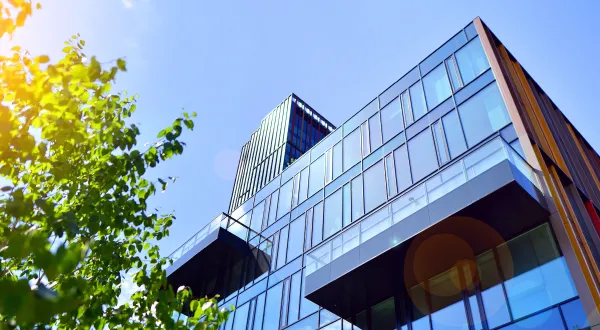 A building facade with sustainable features