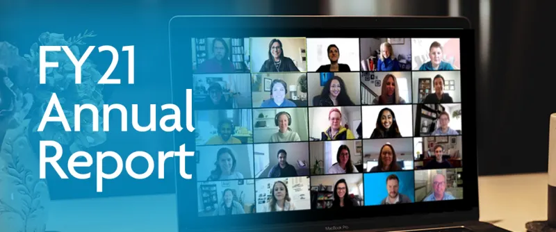 Image of a laptop with a zoom meeting on it, with a blue overlay. 