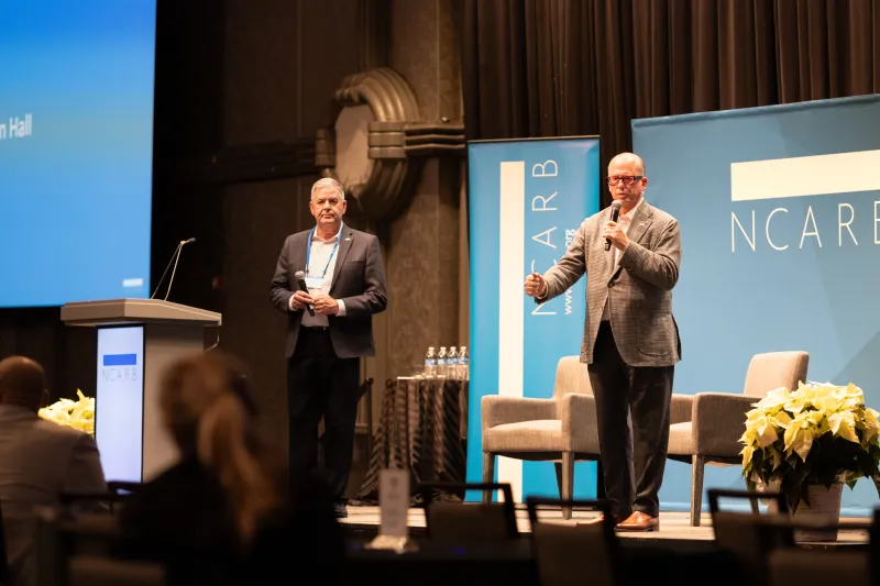 NCARB CEO Mike Armstrong and President Ken Van Tine speak during the 2024 Committee Summit. 