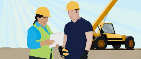 Graphic of two people with hard hats on a construction site with a crane behind them.