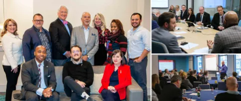 Collage of photos from NCARB events: the Licensure Advisory Forum members stand as a group, and members participate in an orientation session.