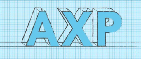 The letters "AXP" on blue graph paper background. 