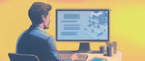 A man sits at a computer with a generative AI architecture program on screen.