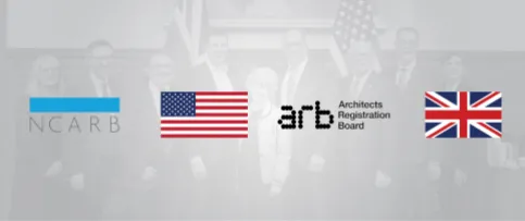 The logos of NCARB and ARB, alongside the British and American flags. 