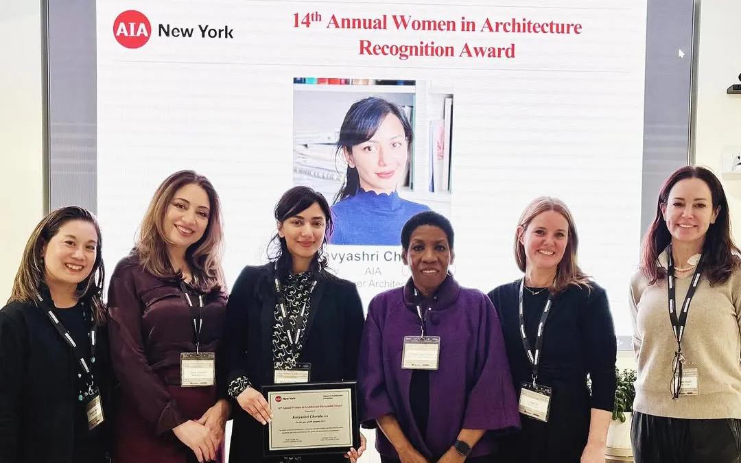 WIA Co-Chair Rosalind Tsang at the AIANY WIA Recognition Award celebration, alongside the jury, award recipient, and co-chair.