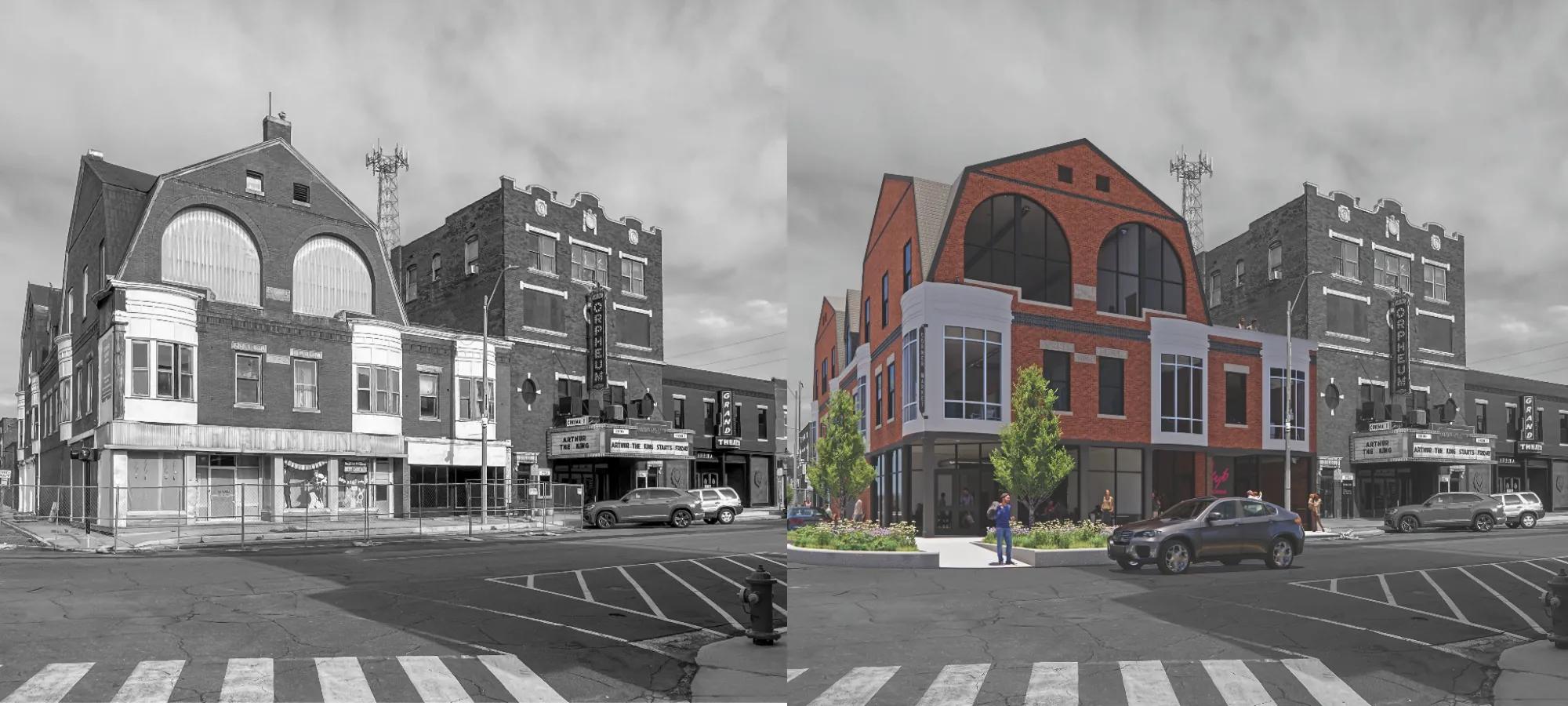 Current state of “The Corner Block Building,” compared to Garrett Stritzel's proposed redevelopment.