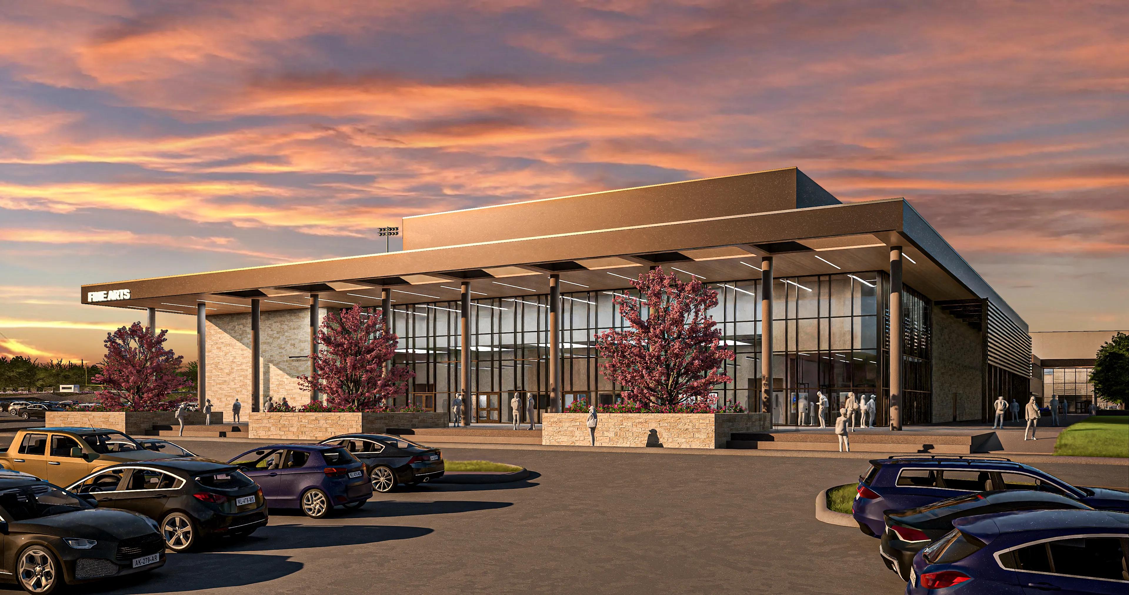 Rendering of entrance to Legacy Ranch High School with parking lot.