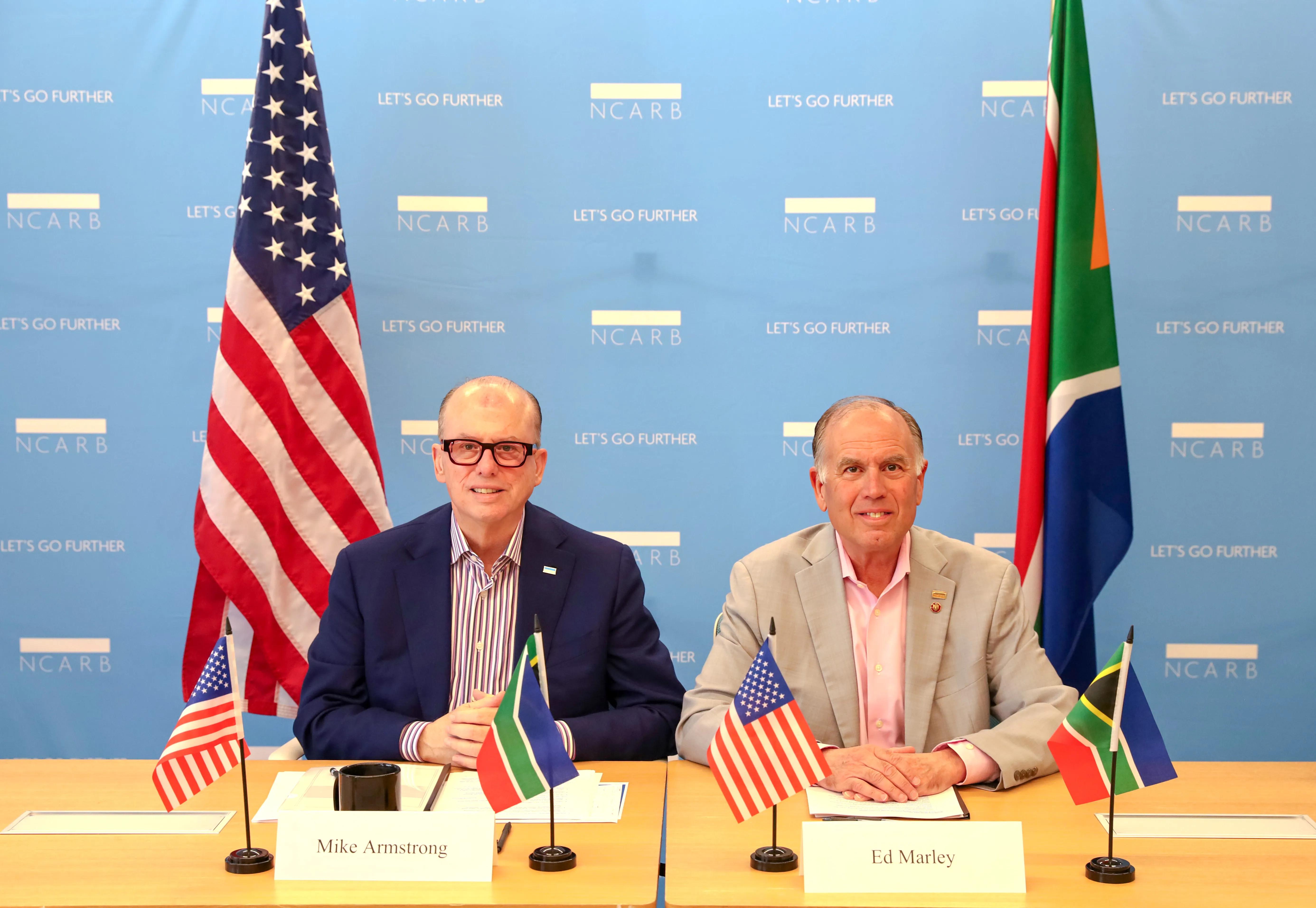 NCARB CEO Mike Armstrong and FY26 President Ed Marley sign the Mutual Recognition Agreement between NCARB and SACAP.