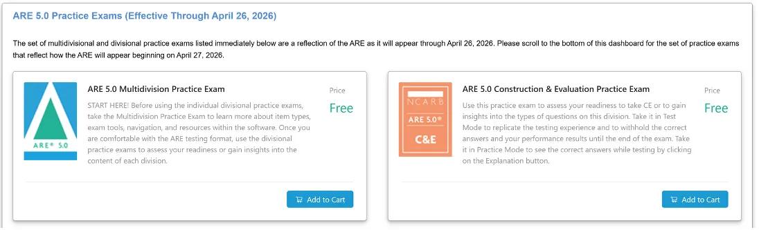 Current version of the ARE practice exams available through April 26.