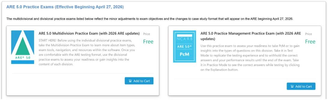 New version of ARE practice exams effective beginning April 27.