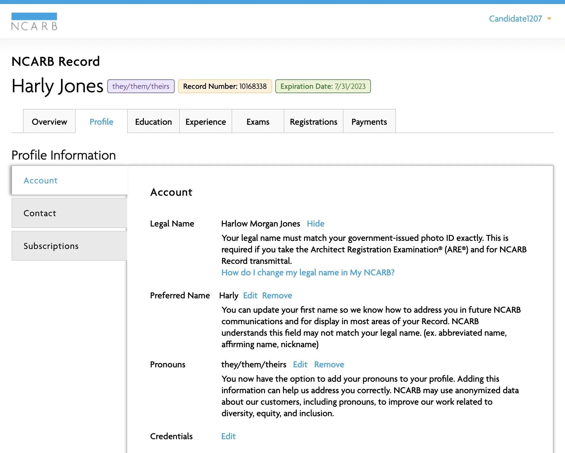 Screenshot of the profile page in an NCARB Record. 