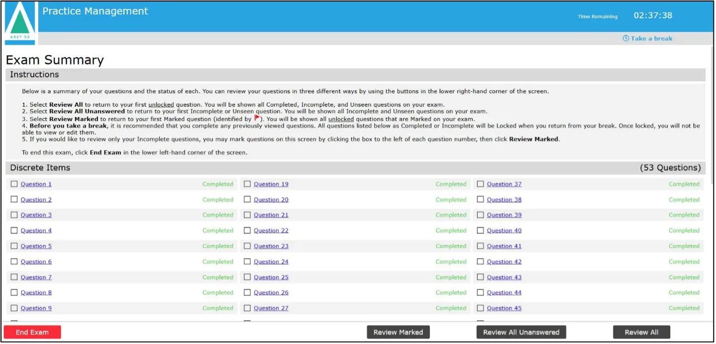 The exam summary screen allows you to see all items on the exam and navigate to them.